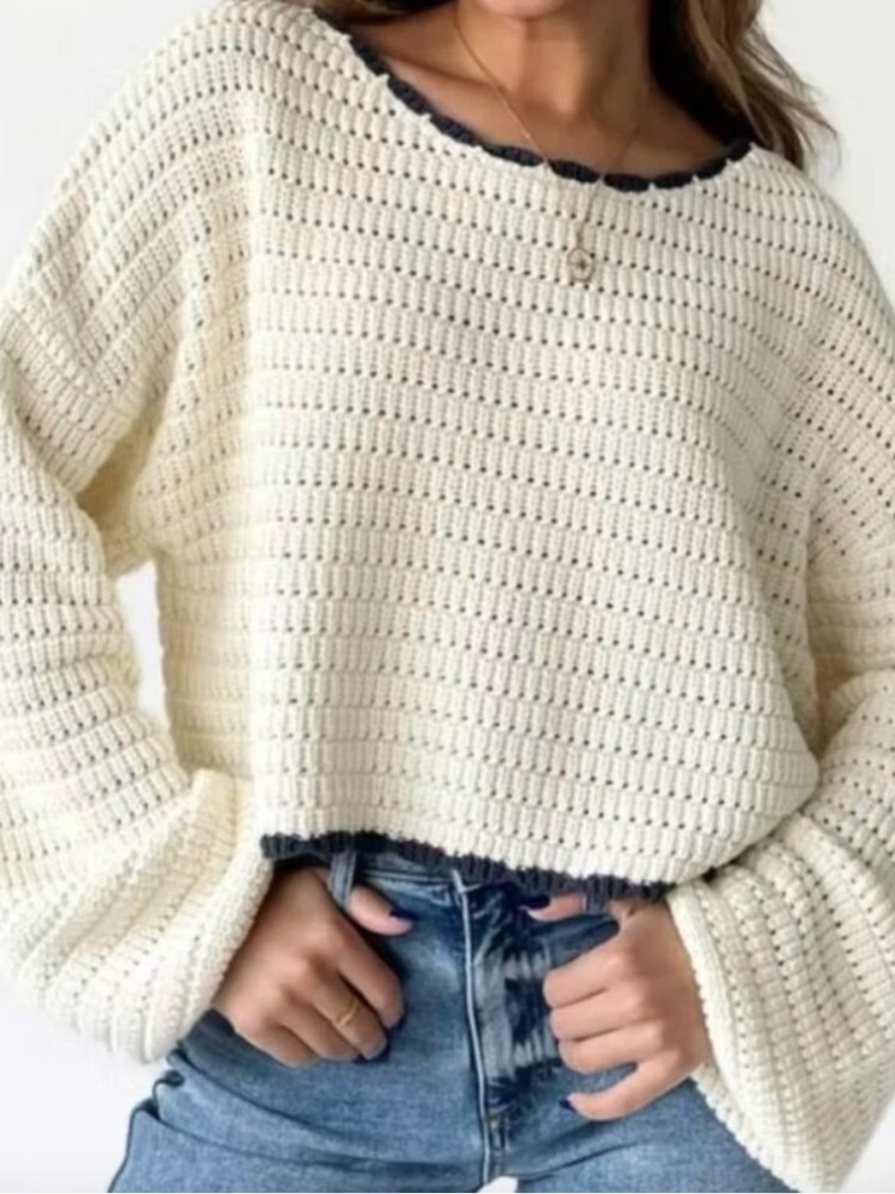 Grey Bandit Cream Knit Sweater with Navy Trim